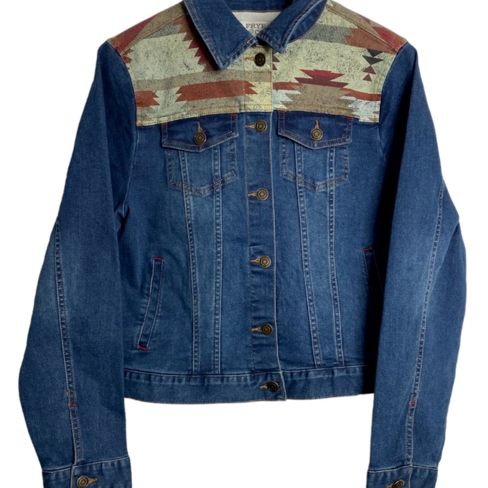 Frye and Co. Womens Denim Jean Jacket Western Aztec Southwestern, Size Small